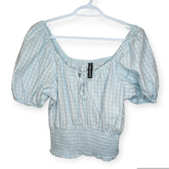 Lord & Taylor Design Lab Light Blue White Checkered Puff Sleeve Smocked Bottom M - Picture 1 of 7